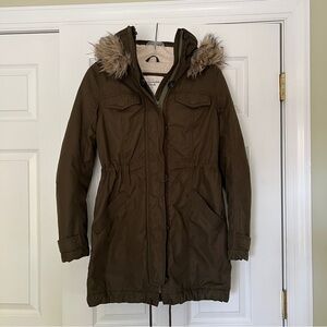 ABERCROMBIE & FITCH Parka coat removable fur hood midi length size Small FLAW